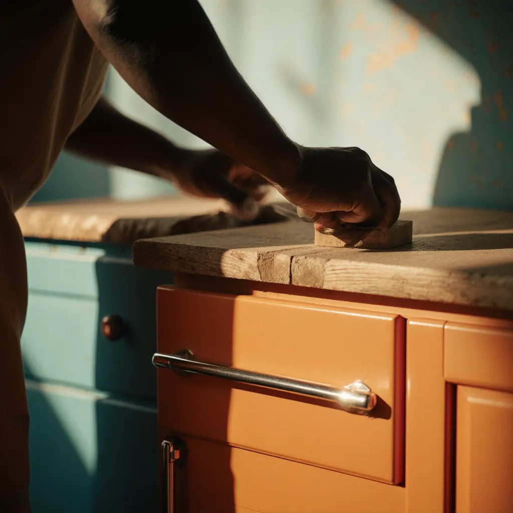 Close-up of a skilled carpenter working on custom cabinetry
