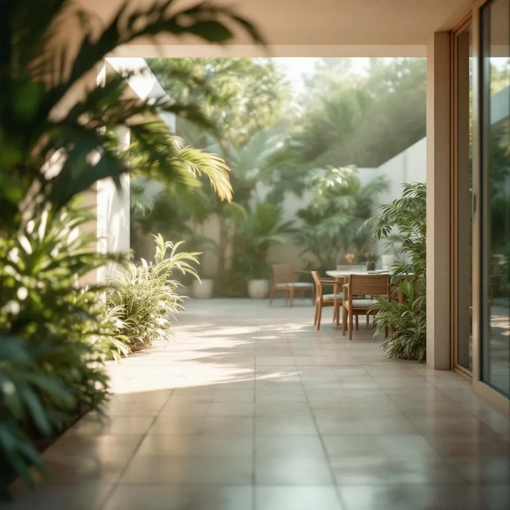 Lush tropical garden with a modern tiled patio